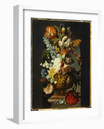 Tulips, Roses, Hyacinth, Auricula and Flowers in a Sculpted Urn on a Stone Pedestal in a Niche-Jan van Huysum-Framed Giclee Print