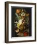 Tulips, Roses, Hyacinth, Auricula & Other Flowers in a Sculpted Urn on a Stone Pedestal in a Niche-Jan van Huysum (Follower of)-Framed Giclee Print