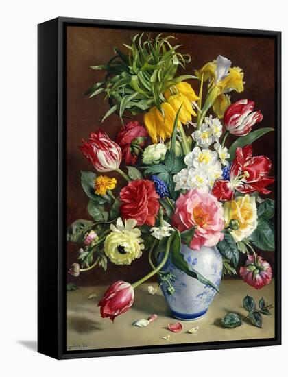 Tulips, Roses, Narcissi and other Flowers in a Blue and White Vase-Klausner R.-Framed Stretched Canvas