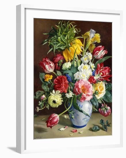 Tulips, Roses, Narcissi and other Flowers in a Blue and White Vase-Klausner R.-Framed Giclee Print