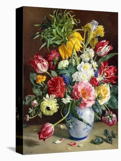 Tulips, Roses, Narcissi and other Flowers in a Blue and White Vase-Klausner R.-Stretched Canvas