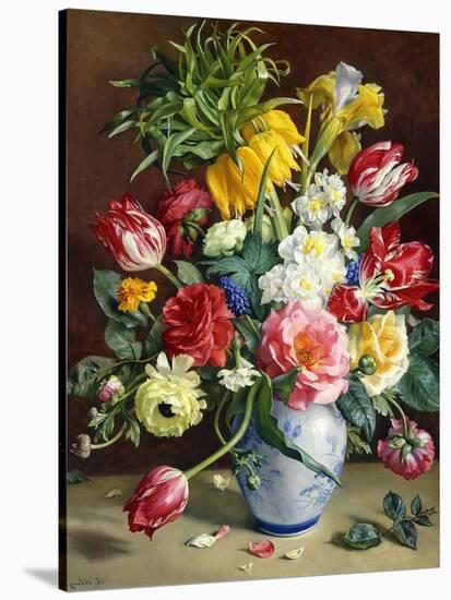 Tulips, Roses, Narcissi and other Flowers in a Blue and White Vase-Klausner R.-Stretched Canvas