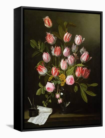 Tulips, Yellow and Pink Roses in a Glass Vase-Jan Philip Van Thielen-Framed Stretched Canvas