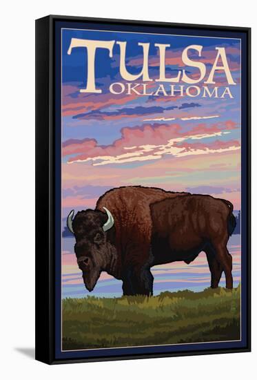 Tulsa, Oklahoma - Buffalo and Sunset-Lantern Press-Framed Stretched Canvas