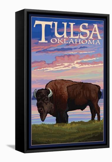 Tulsa, Oklahoma - Buffalo and Sunset-Lantern Press-Framed Stretched Canvas