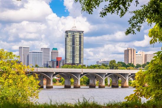 Tulsa Town Tulsa, Oklahoma, USA downtown skyline on the Arkansas River in the ...