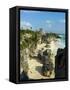 Tulum Beach and El Castillo Temple at Ancient Mayan Site of Tulum, Tulum, Quintana Roo, Mexico-null-Framed Stretched Canvas