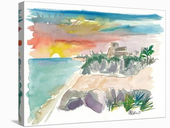 Tulum Mexico Sunset with Maya Ruins And Sea-M. Bleichner-Stretched Canvas