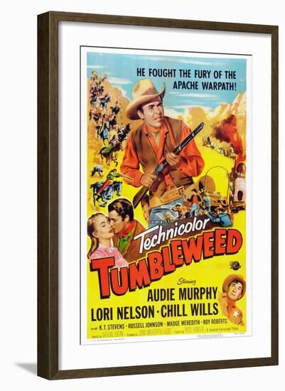 Tumbleweed, Kissing from Left: Lori Nelson, Audie Murphy, Chill Wills, 1953-null-Framed Art Print