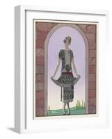 Tunic Dress by Worth in an Ornate Monochrome Print with Red Detailing Plain Central Panel-Georges Barbier-Framed Art Print