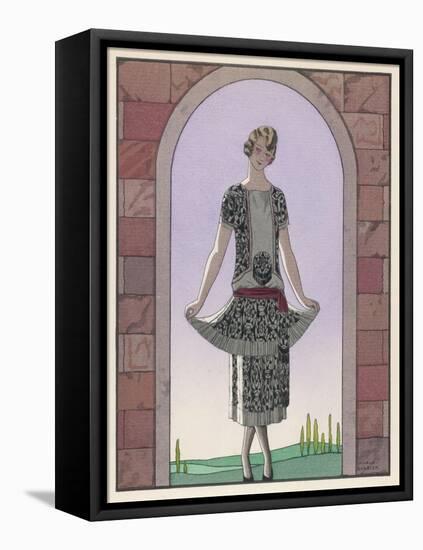 Tunic Dress by Worth in an Ornate Monochrome Print with Red Detailing Plain Central Panel-Georges Barbier-Framed Stretched Canvas