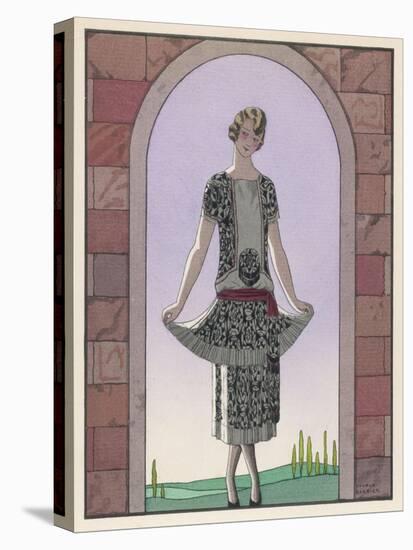 Tunic Dress by Worth in an Ornate Monochrome Print with Red Detailing Plain Central Panel-Georges Barbier-Stretched Canvas