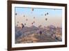 Turkey, Anatolia, Cappadocia, Goreme. Hot air balloons above Red Valley.-Emily Wilson-Framed Photographic Print