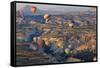 Turkey, Anatolia, Cappadocia, Goreme. Hot air balloons above Red Valley.-Emily Wilson-Framed Stretched Canvas