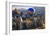 Turkey, Anatolia, Cappadocia, Goreme. Hot air balloons flying above the valley.-Emily Wilson-Framed Photographic Print