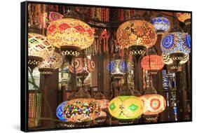 Turkey, Bursa Province, Bursa, colorful, glass mosaic lamps.-Emily Wilson-Framed Stretched Canvas