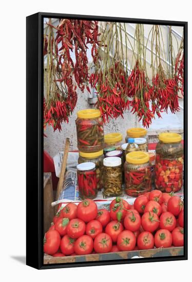 Turkey, Izmir, Kusadasi. Local market, red peppers and tomatoes.-Emily Wilson-Framed Stretched Canvas