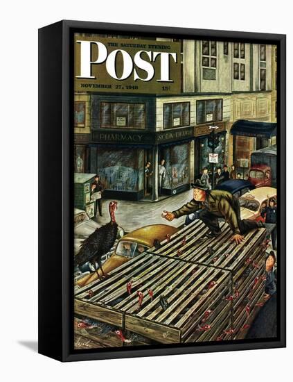 "Turkey Loose Atop Truck," Saturday Evening Post Cover, November 27, 1948-Constantin Alajalov-Framed Stretched Canvas