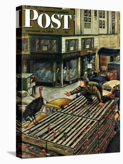 "Turkey Loose Atop Truck," Saturday Evening Post Cover, November 27, 1948-Constantin Alajalov-Stretched Canvas