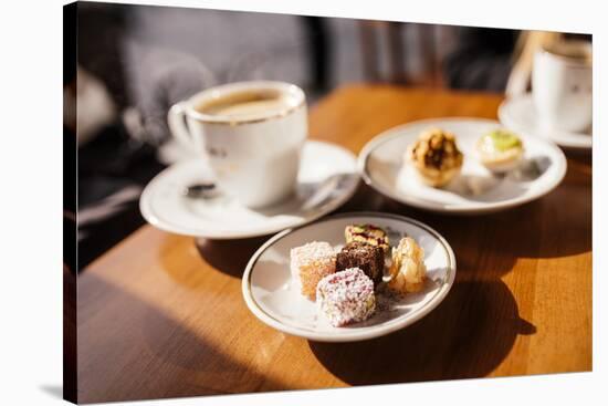 Turkish Delights (Lokum) on Plate and Coffee, Cafe Near Spice Bazaar, Istanbul, Turkey-Ben Pipe-Stretched Canvas