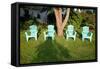 Turquois Lawn Chairs and Green Grass at Sunset-Joseph Sohm-Framed Stretched Canvas