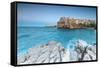 Turquoise sea at dusk framed by the old town perched on the rocks, Polignano a Mare, Province of Ba-Roberto Moiola-Framed Stretched Canvas