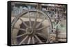 Turquoise Trail Scenic Byway, New Mexico. An old wagon wheel-Deborah Winchester-Framed Stretched Canvas