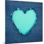 Turquoise Vintage Heart on Blue Denim Fabric-Anna-Mari West-Mounted Art Print