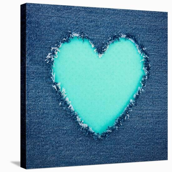 Turquoise Vintage Heart on Blue Denim Fabric-Anna-Mari West-Stretched Canvas