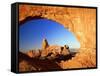 Turret Arch Through North Window at Sunrise, Arches National Park, Moab, Utah, USA-Lee Frost-Framed Stretched Canvas