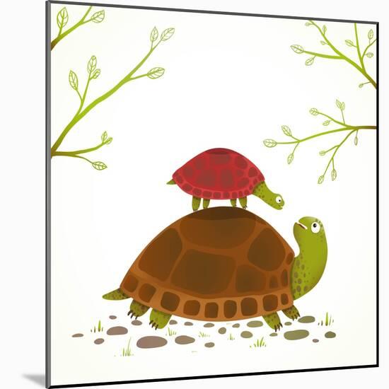 Turtle Mother and Baby Childish Animal Cartoon. Watercolor Style Drawing of Mom and Her Child. Vect-Popmarleo-Mounted Art Print