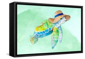 Turtle With Hat on Watercolor (blue)-Lanie Loreth-Framed Stretched Canvas