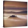 Tuscan farmhouse with cypress trees in misty landscape at sunrise, San Quirico d'Orcia-Stuart Black-Stretched Canvas