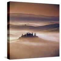 Tuscan farmhouse with cypress trees in misty landscape at sunrise, San Quirico d'Orcia-Stuart Black-Stretched Canvas