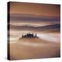 Tuscan farmhouse with cypress trees in misty landscape at sunrise, San Quirico d'Orcia-Stuart Black-Stretched Canvas