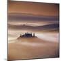 Tuscan farmhouse with cypress trees in misty landscape at sunrise, San Quirico d'Orcia-Stuart Black-Mounted Photographic Print