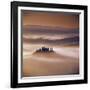 Tuscan farmhouse with cypress trees in misty landscape at sunrise, San Quirico d'Orcia-Stuart Black-Framed Photographic Print