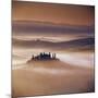 Tuscan farmhouse with cypress trees in misty landscape at sunrise, San Quirico d'Orcia-Stuart Black-Mounted Photographic Print