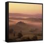 Tuscan farmhouse with cypress trees in misty landscape at sunrise, San Quirico d'Orcia-Stuart Black-Framed Stretched Canvas