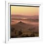 Tuscan farmhouse with cypress trees in misty landscape at sunrise, San Quirico d'Orcia-Stuart Black-Framed Photographic Print