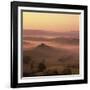 Tuscan farmhouse with cypress trees in misty landscape at sunrise, San Quirico d'Orcia-Stuart Black-Framed Photographic Print