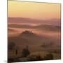 Tuscan farmhouse with cypress trees in misty landscape at sunrise, San Quirico d'Orcia-Stuart Black-Mounted Photographic Print