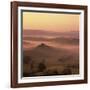 Tuscan farmhouse with cypress trees in misty landscape at sunrise, San Quirico d'Orcia-Stuart Black-Framed Photographic Print