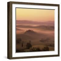 Tuscan farmhouse with cypress trees in misty landscape at sunrise, San Quirico d'Orcia-Stuart Black-Framed Photographic Print