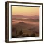 Tuscan farmhouse with cypress trees in misty landscape at sunrise, San Quirico d'Orcia-Stuart Black-Framed Photographic Print