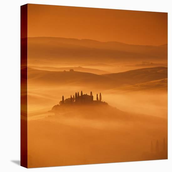 Tuscan farmhouse with cypress trees in misty landscape at sunrise, San Quirico d'Orcia-Stuart Black-Stretched Canvas