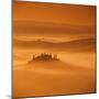 Tuscan farmhouse with cypress trees in misty landscape at sunrise, San Quirico d'Orcia-Stuart Black-Mounted Photographic Print