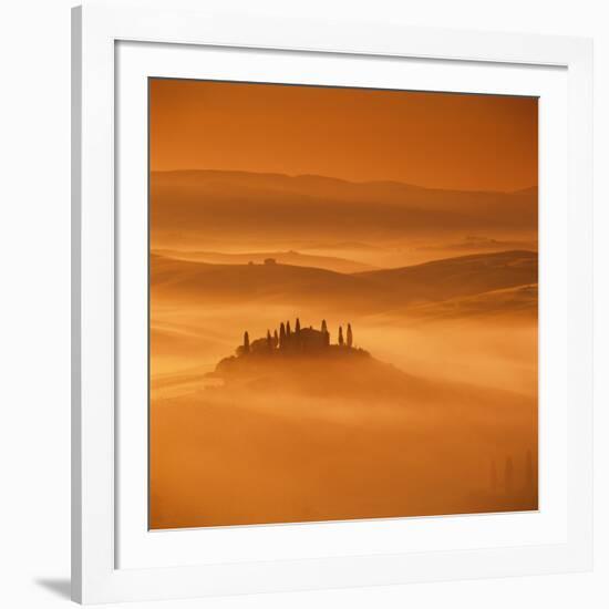 Tuscan farmhouse with cypress trees in misty landscape at sunrise, San Quirico d'Orcia-Stuart Black-Framed Premium Photographic Print