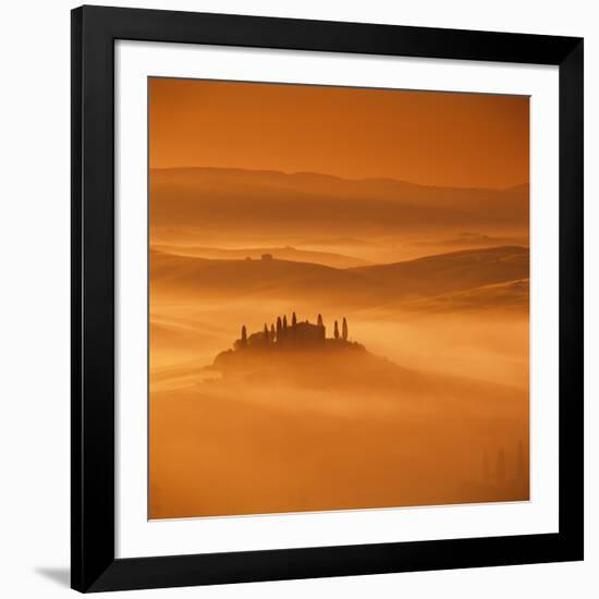 Tuscan farmhouse with cypress trees in misty landscape at sunrise, San Quirico d'Orcia-Stuart Black-Framed Premium Photographic Print