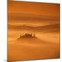 Tuscan farmhouse with cypress trees in misty landscape at sunrise, San Quirico d'Orcia-Stuart Black-Mounted Premium Photographic Print
